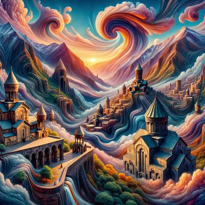 Primary subject: A painting of a city with a mountain in the background, featuring a castle, a church, and a bridge.

Setting/background: The painting depicts a city with a mountain in the background, creating a picturesque scene.

Visual style: The image is a digital art painting, showcasing intricate details and vibrant colors.

Colors and mood: The painting features a mix of warm and cool colors, creating a lively and inviting atmosphere.